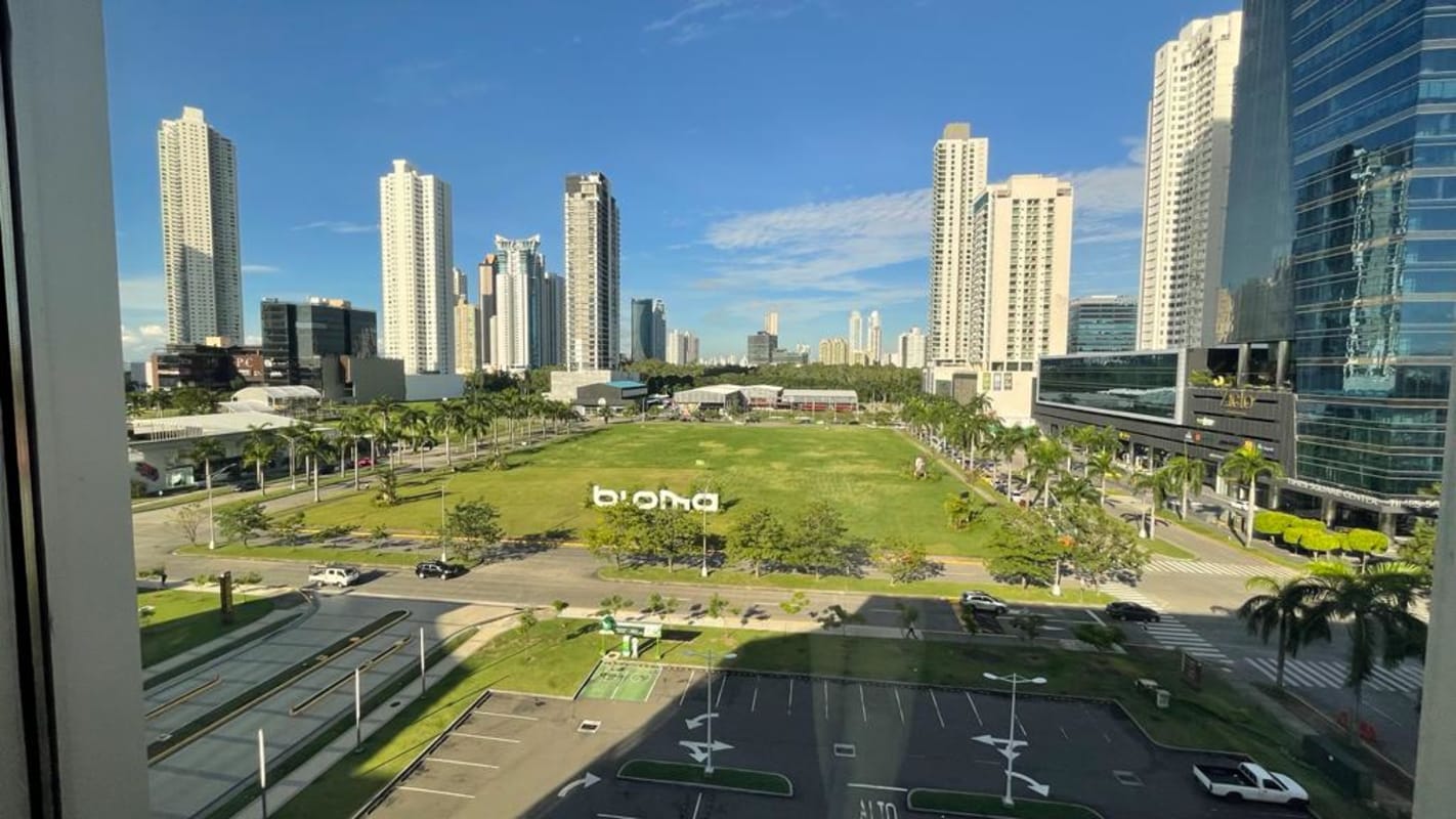 Panoramic city view Costa del Este skyline from medical tower PH Torre Arboleda Town Center