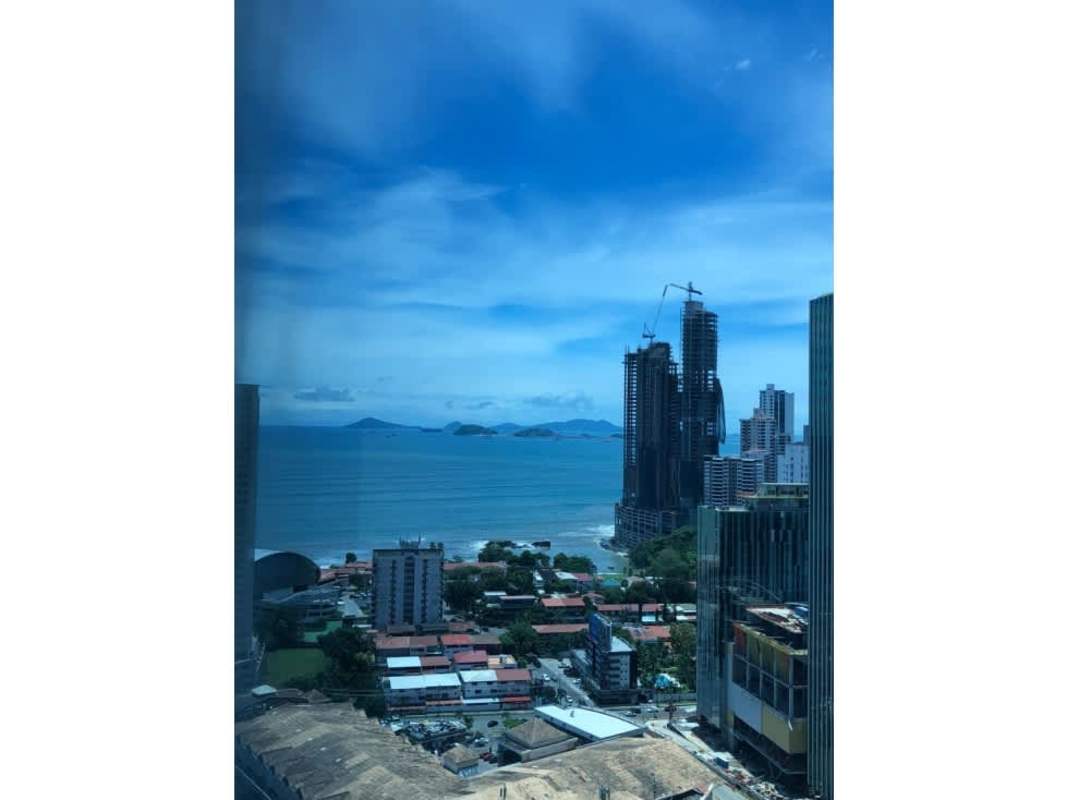 Pacific ocean coastline and high-rise skyline from Oceania Business Plaza office Panama