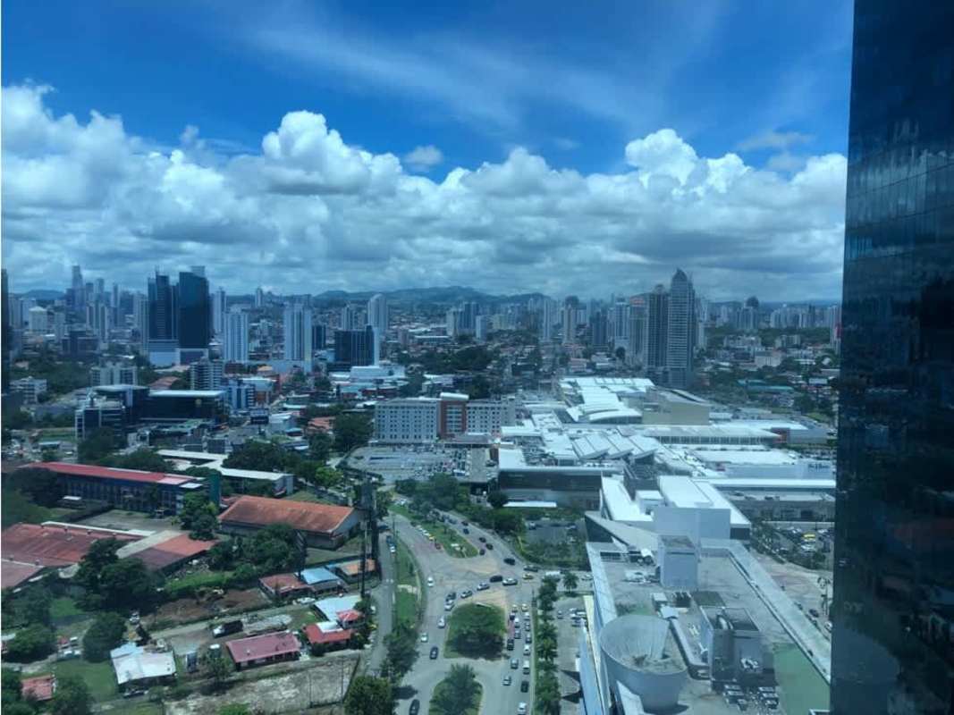 Aerial view of Panama City high-rise skyline with Oceania Business Plaza complex