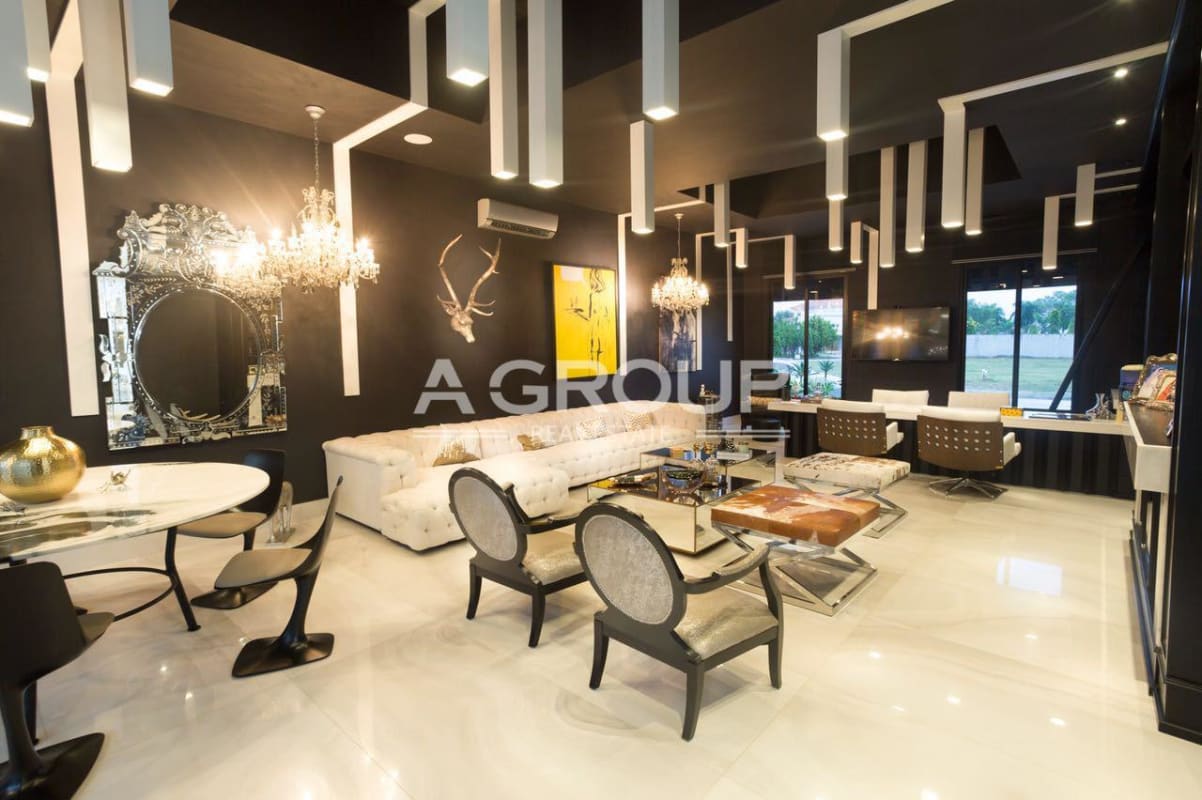 Indoor swimming pool modern furnishings grand piano luxury mansion Costa del Este Panama