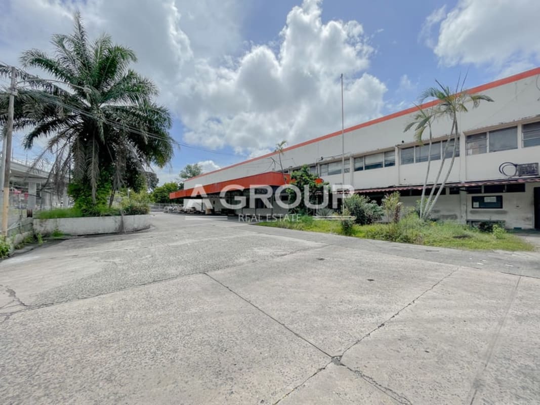 Exterior warehouse image with driveway, parking and palm trees at Transístmica, Panama