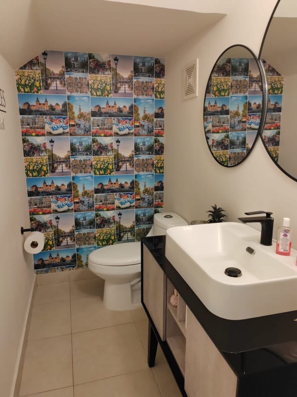 Covered tiled terrace overlooking private garden with privacy wall in Versalles Don Bosco Panama City