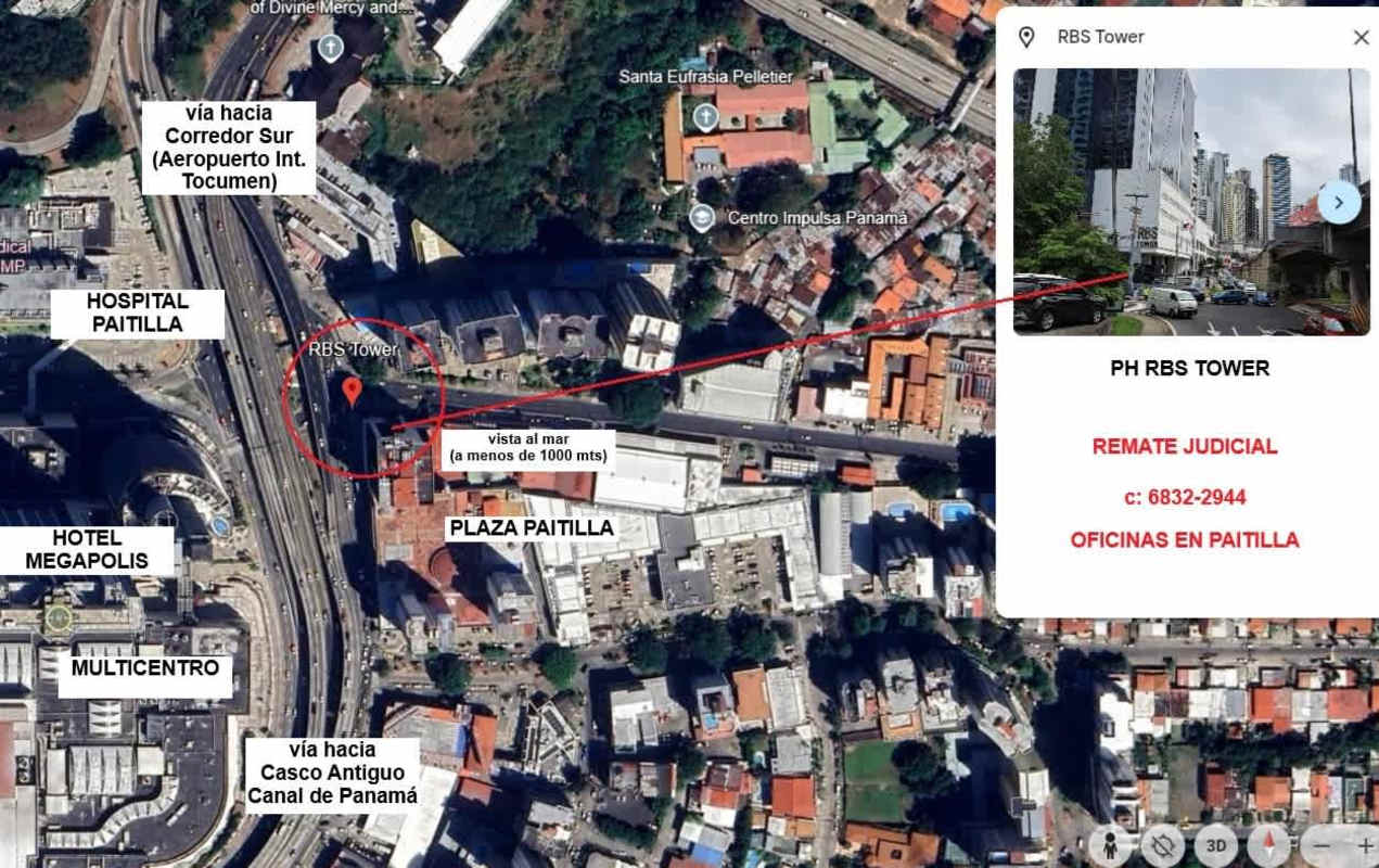 Satellite map pinpointing PH RBS Tower Punta Paitilla and access routes Panama City