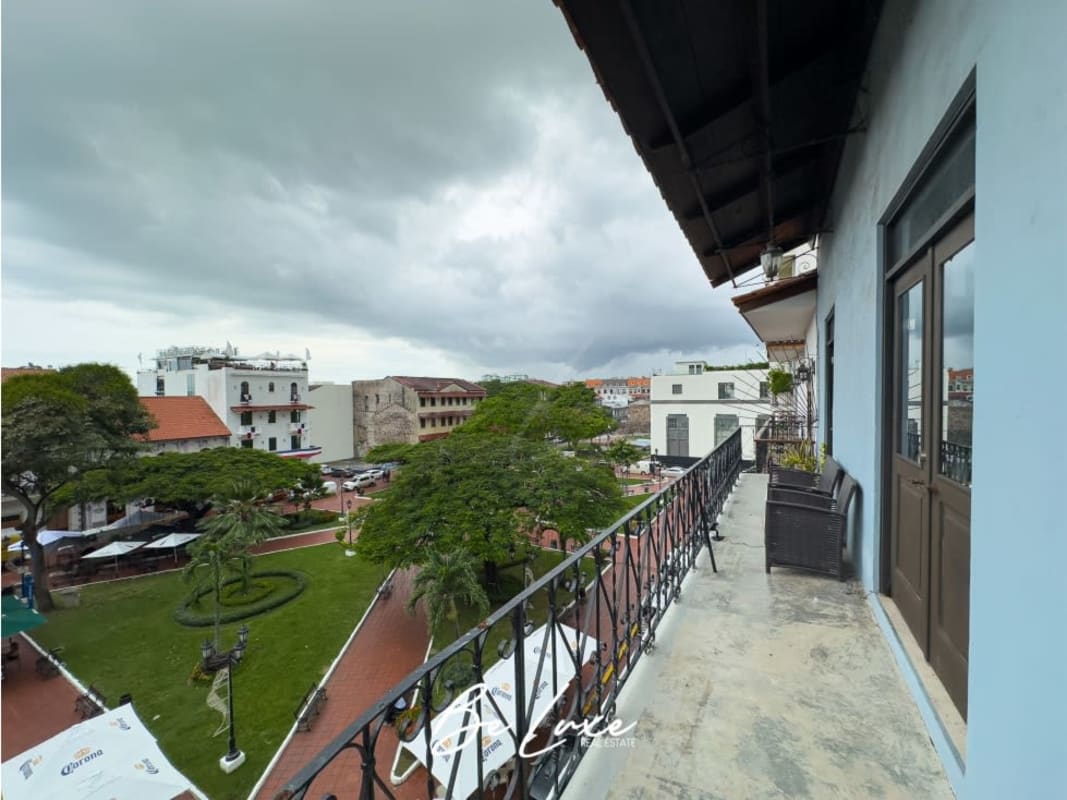 Colonial style balcony with panoramic square views historic district Panama City