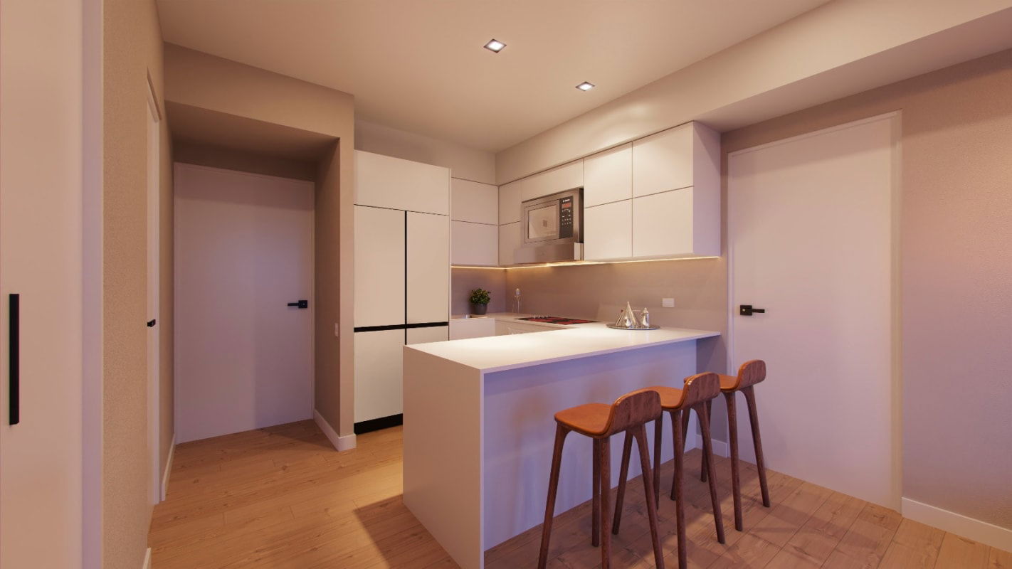 Minimalist kitchen with island and integrated appliances in PH HUB one bedroom apartment Panama