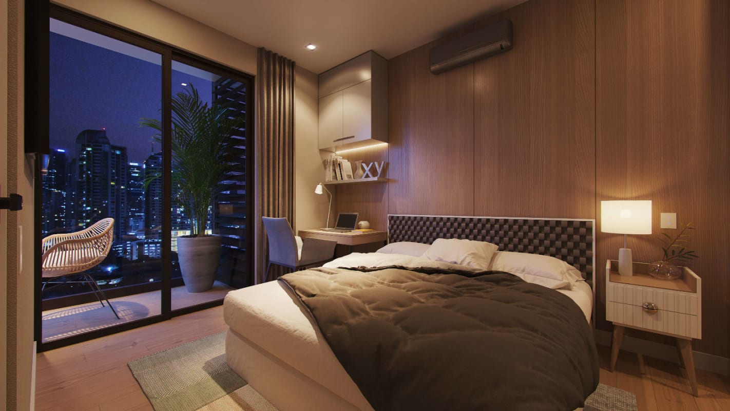 Minimalist bedroom with floor-to-ceiling glass, ensuite bathroom, city views at PH HUB Panama