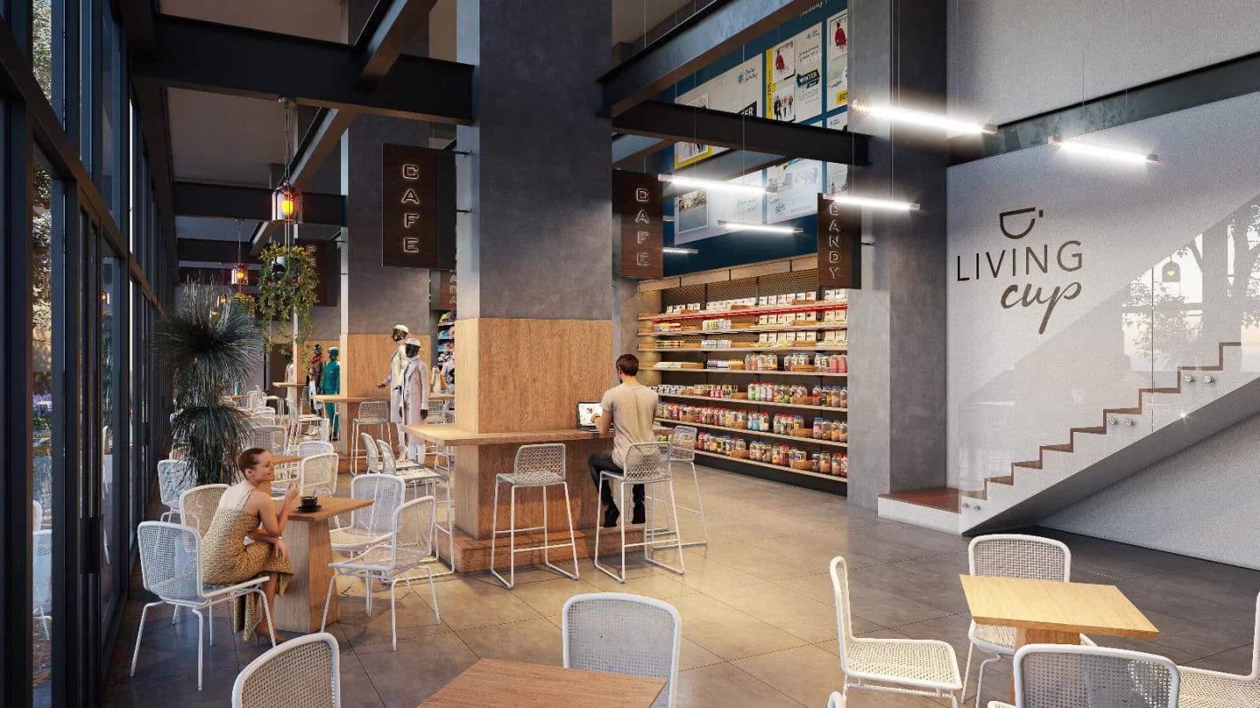 Modern cafe, seating and shared community area inside PH HUB San Francisco Panama City