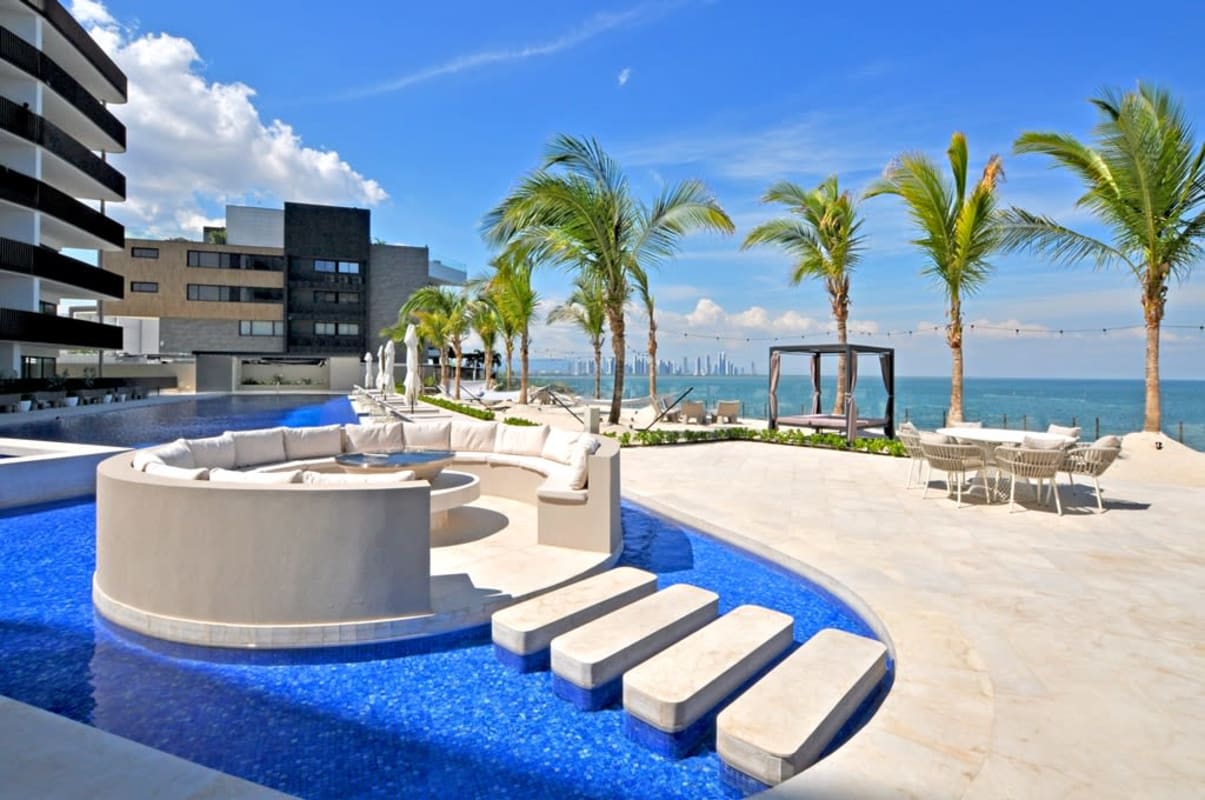 Spacious luxury kitchen with large island, stainless appliances in PH Seascape Ocean Reef Panama