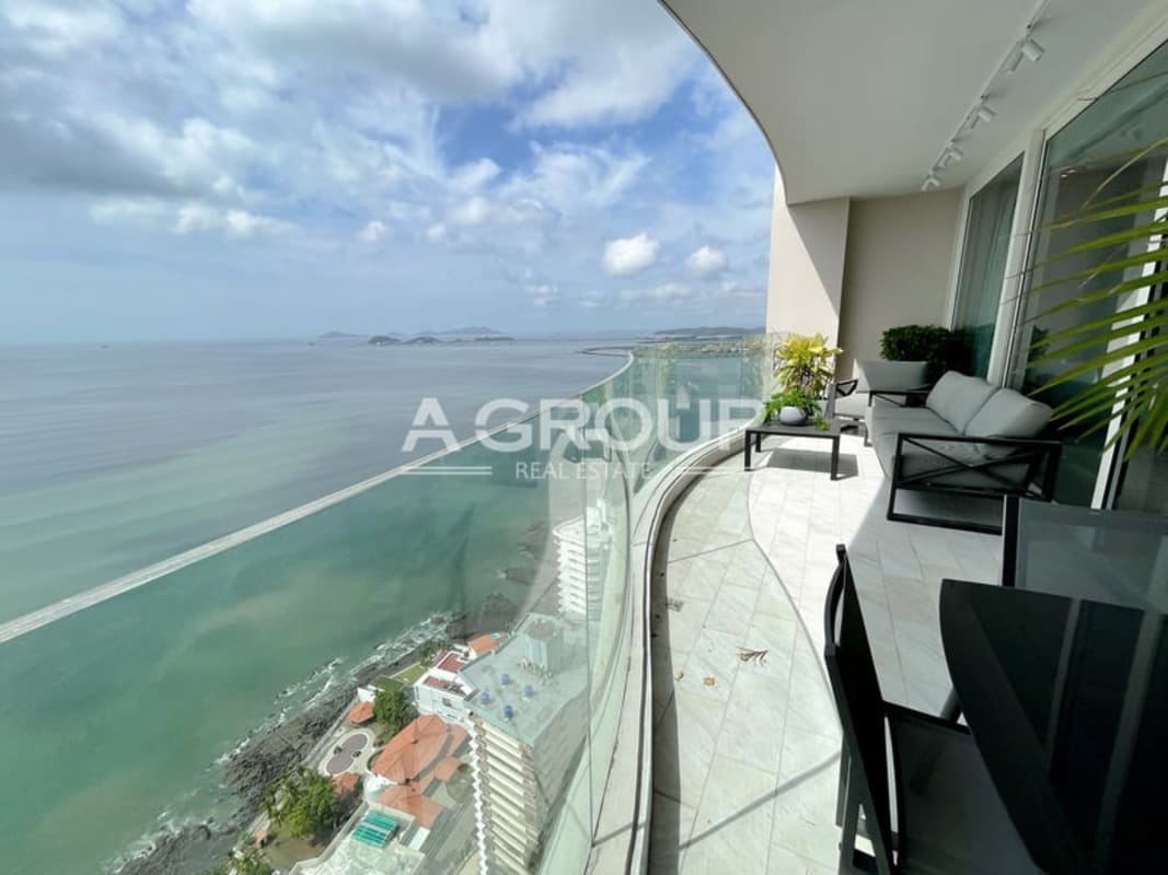 Balcony space with city and bay views at The Towers Punta Paitilla furnished luxury apartment