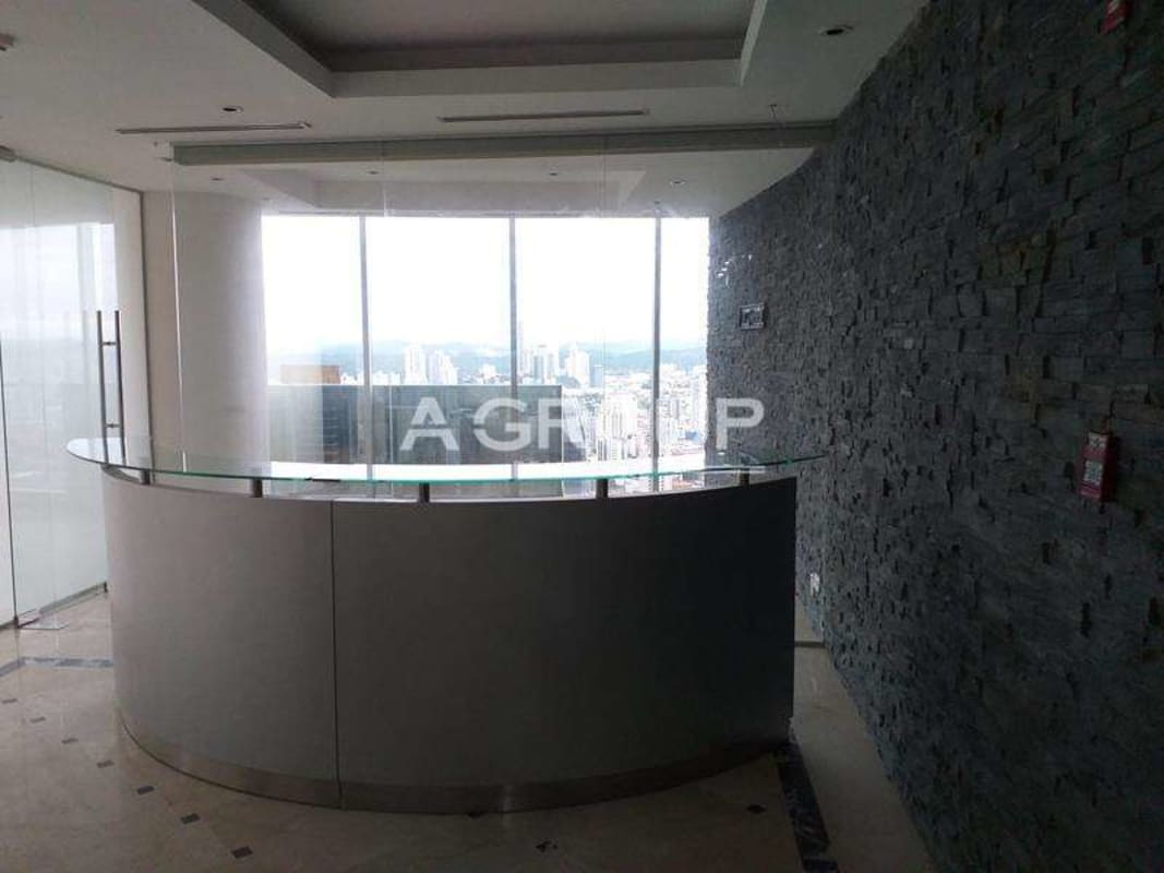 Finished modern reception with city skyline view in iconic twisting tower Panama