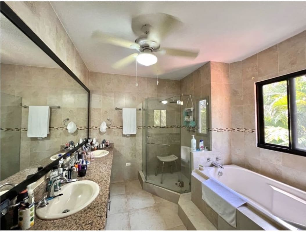 Spacious backyard with private swimming pool, patio, tropical plants family home Clayton Panama