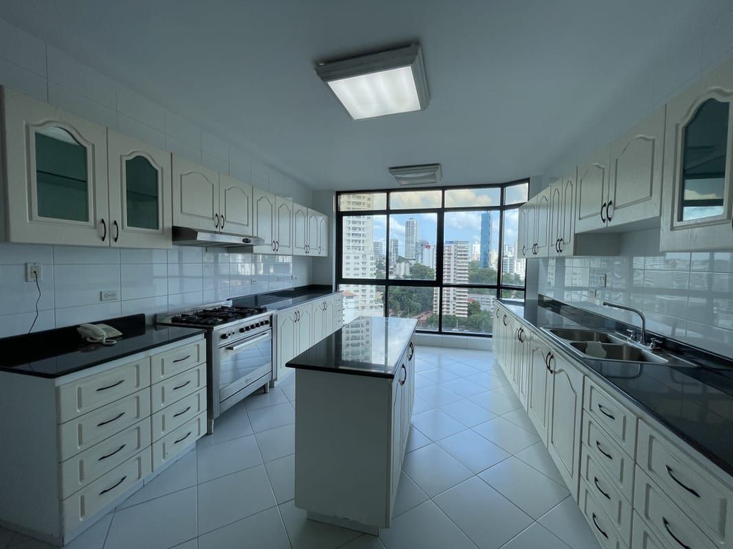 Kitchen with large windows city skyline view PH Miramar Panama City Panama