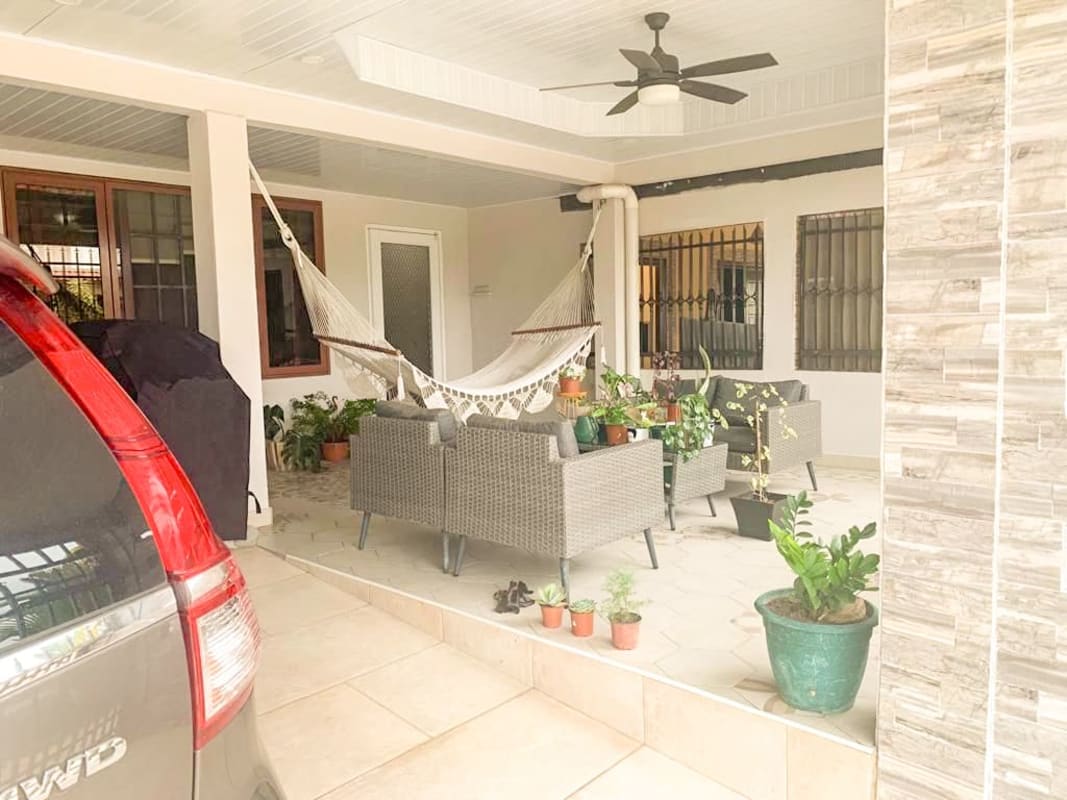 Remodeled modern kitchen with granite countertops and stainless steel appliances in San Antonio Panama house