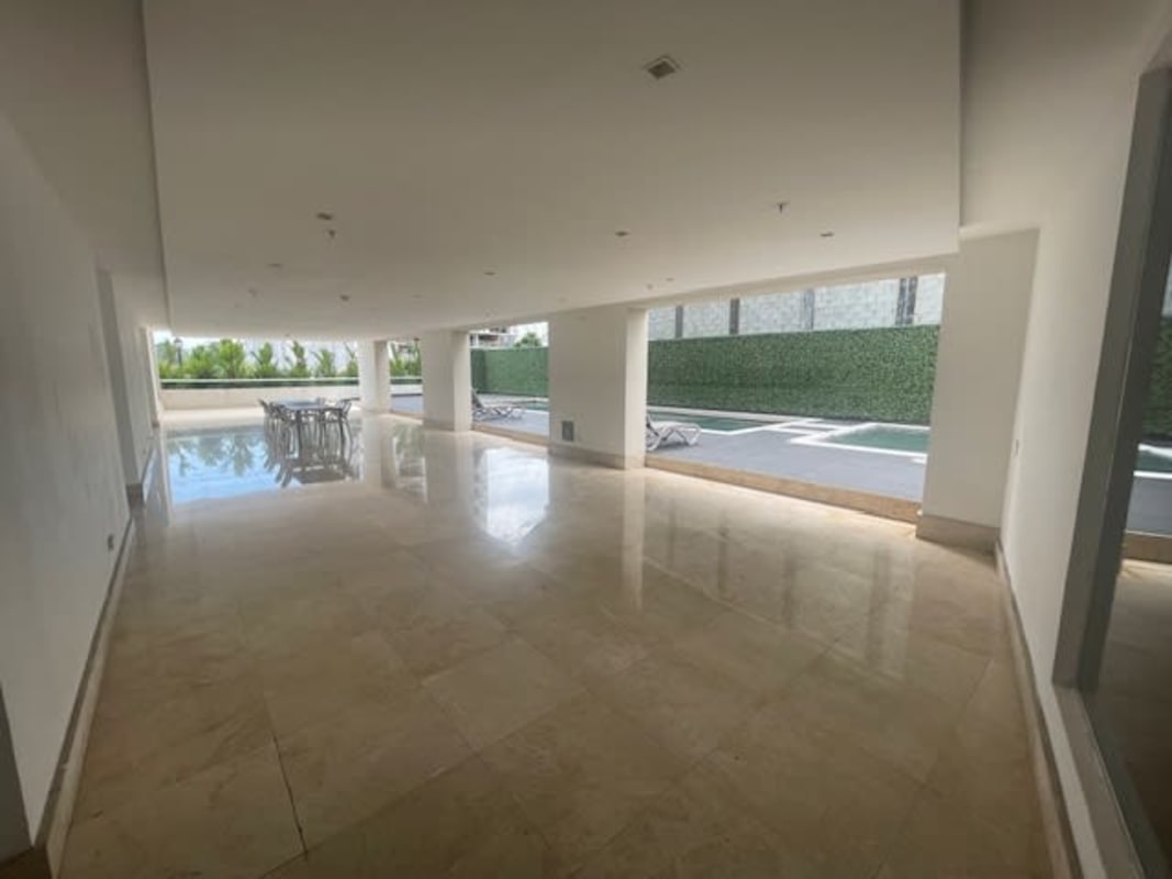 Modern marble bathroom with double vanity and glass shower Santa Maria Golf Panama apartment