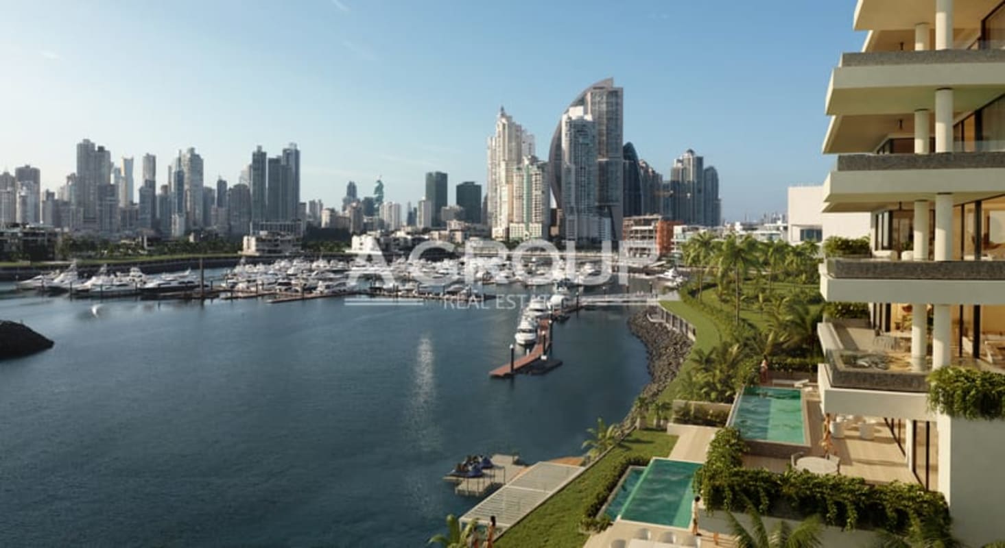 Infinity pool overlooking marina and city skyline Ocean Reef Panama