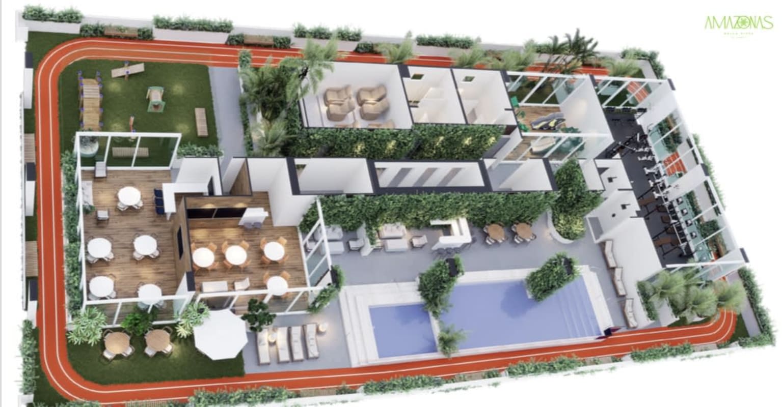 Aerial of amenities floor pool, gym, playground, green landscaping in eco condo Panama City