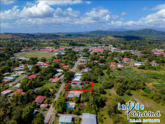 Aerial of outlined land with partial hostel construction in Bejuco near beach corridor Panama