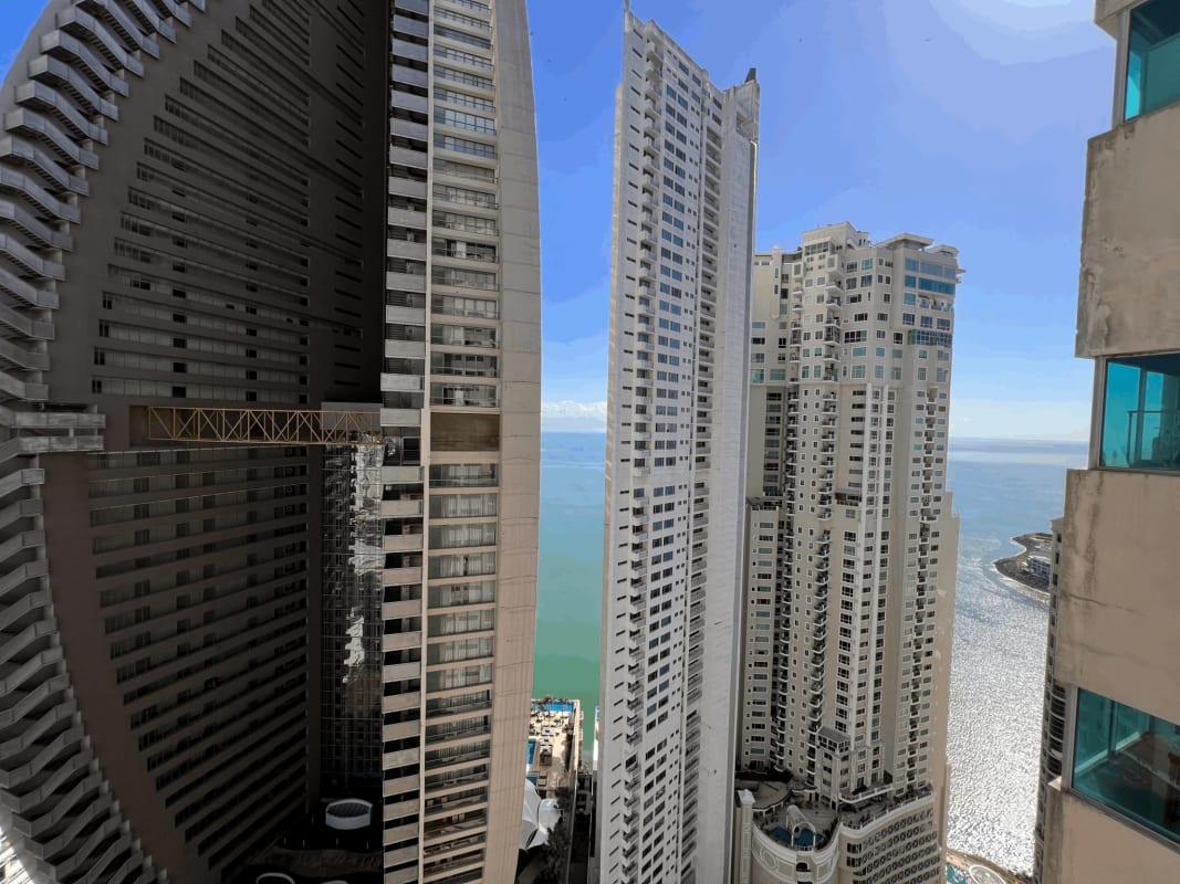 Spacious living room with full ocean view windows in Punta Pacifica PH Aquamare Panama