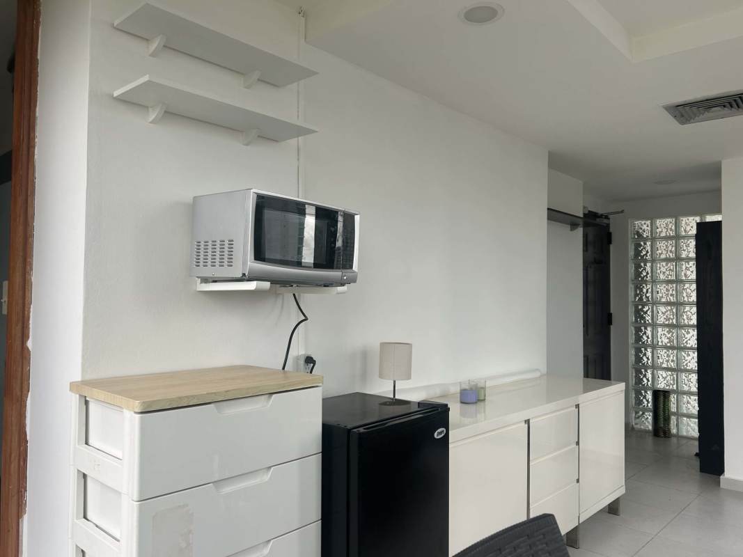 Small furnished kitchenette corner with shelves, microwave, and fridge PH BAC Tower office on Avenida Balboa Panama