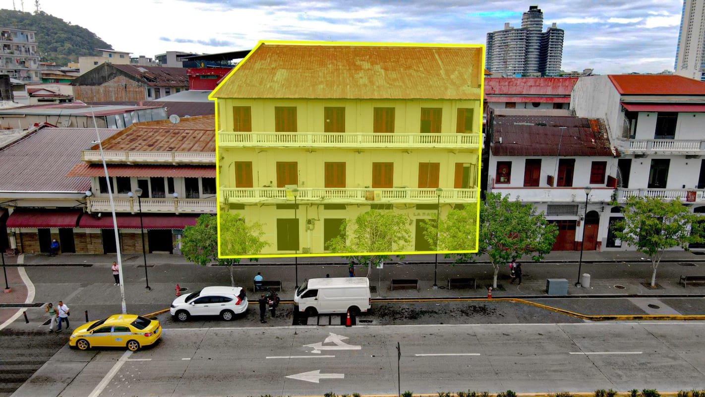 Cobblestone street with colonial buildings and storefronts in Casco Viejo Panama