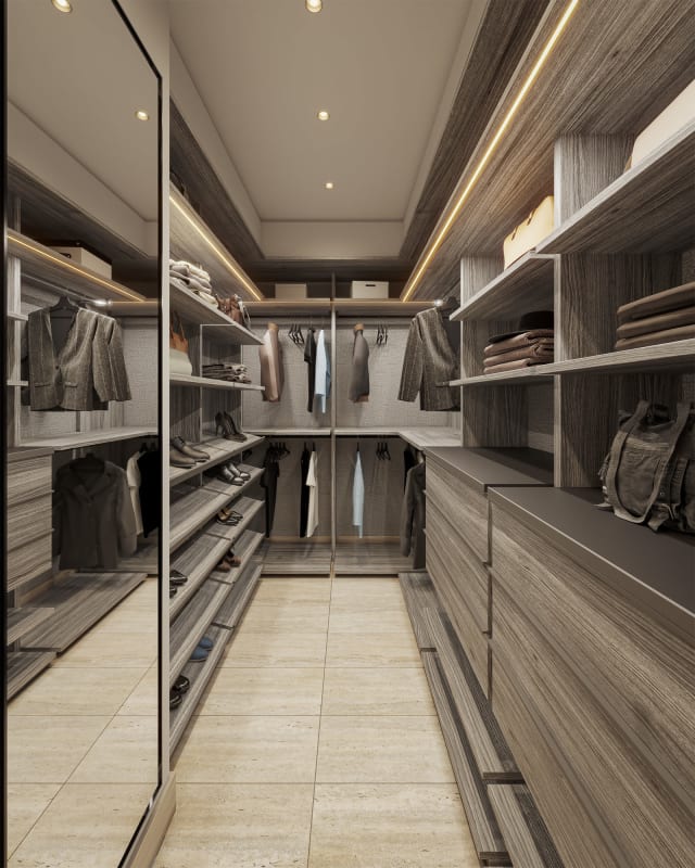 Modern spacious walk-in closet with built-in shelves and lighting at The Woods Panama