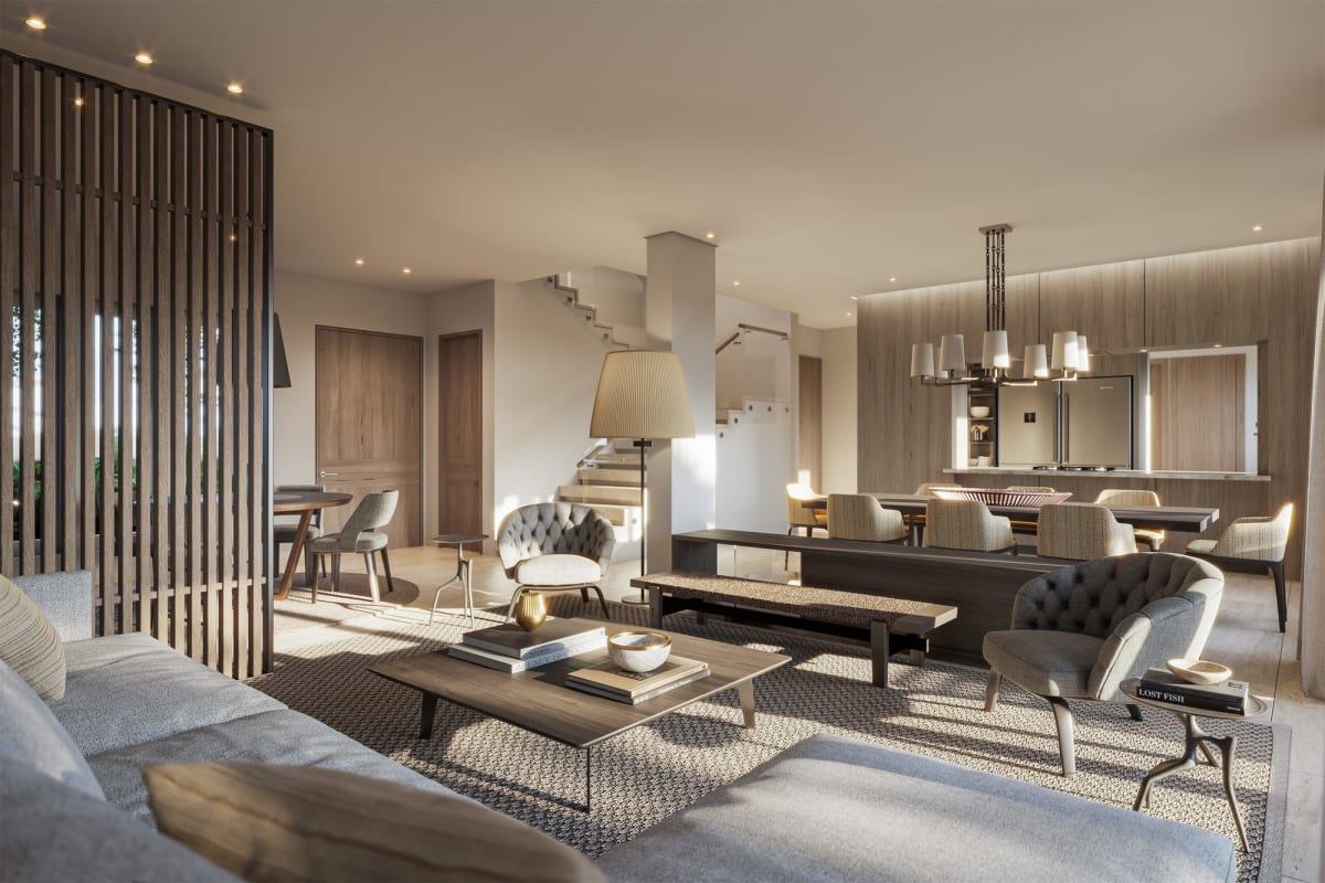 Modern open plan living and dining room with large windows in The Woods Panama