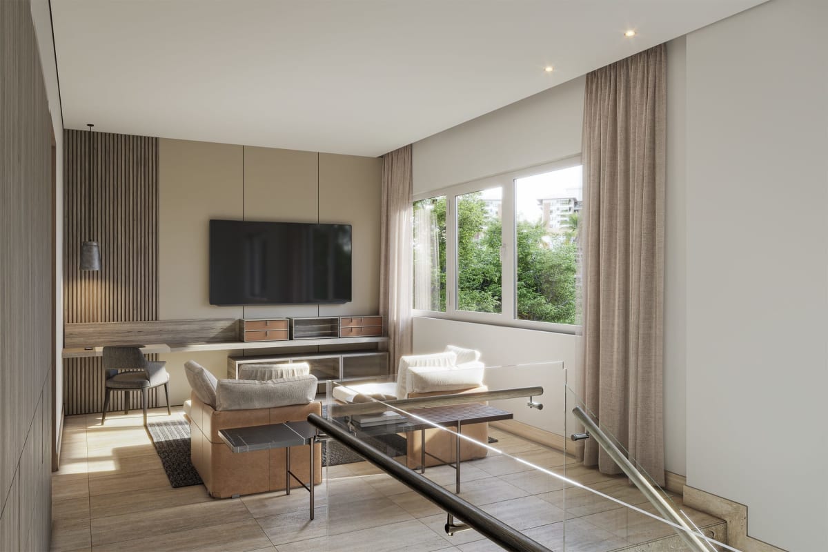 Bedroom with large window overlooking garden, modern design in The Woods Panama City