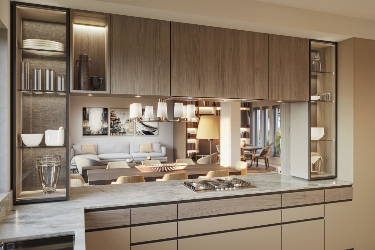 Luxury modern open floor plan kitchen dining living room with large windows at The Woods Panama