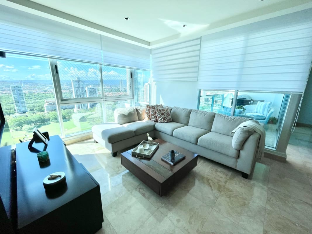 Modern bathroom with glass shower enclosure marble floors PH Mirador Costa del Este Panama