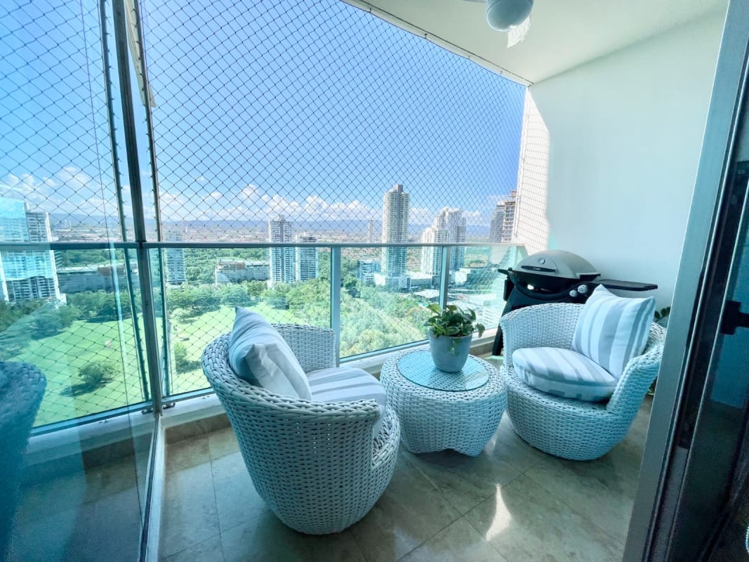 Balcony view overlooking Pacific ocean and Panama skyline PH Mirador Costa del Este Panama