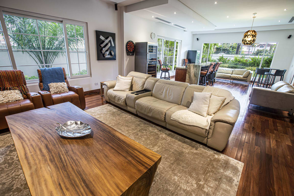 Modern designer kitchen with granite counters, island, stainless appliances in Costa del Este luxury villa