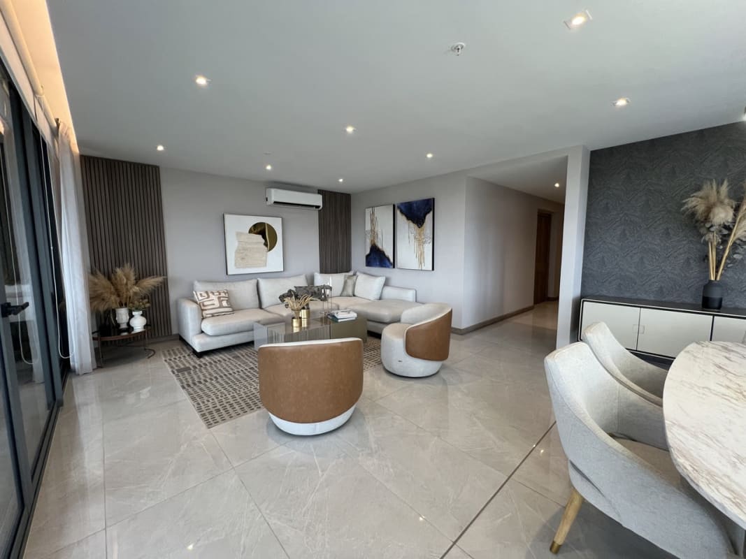 Elegant master bedroom panoramic city views marble floors PH Prestige Panama