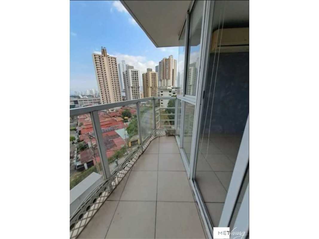 Apartment balcony glass railing panoramic view Panama City skyline at PH Mirador Siena
