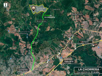 Satellite overview marking highway access and route to major land parcel El Arado La Chorrera Panama