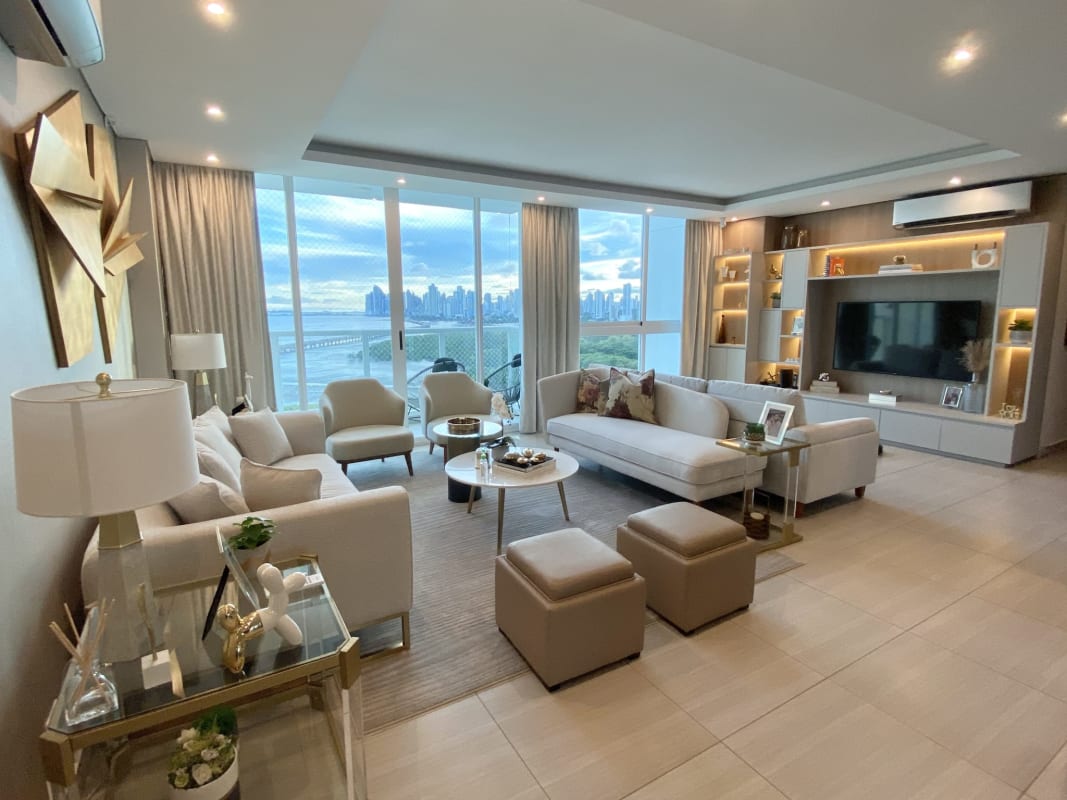Contemporary living room with ocean view balcony PH Asia Costa del Este Panama