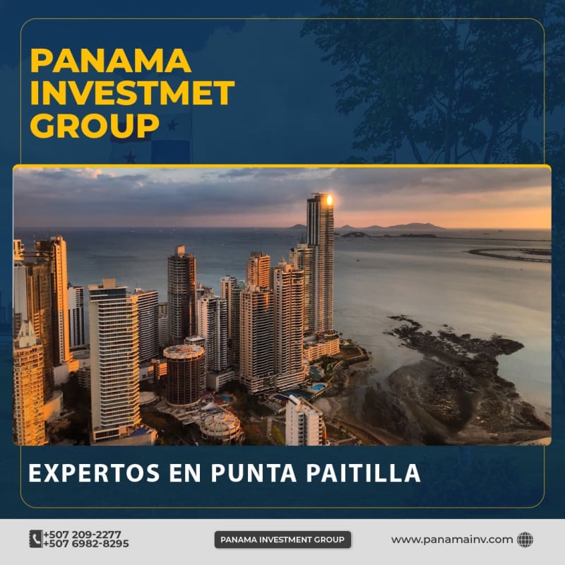 Sunset aerial of Punta Paitilla peninsula with skyline and ocean