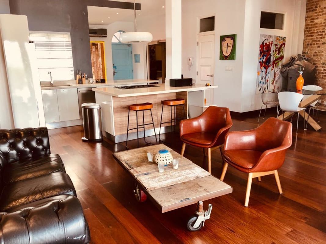Modern living dining room with exposed brick Casa Jeronimo Casco Viejo Panama