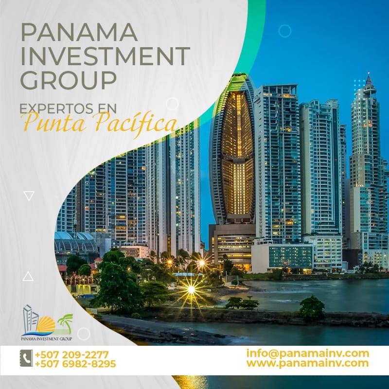 Panama City skyline with skyscrapers, bay and Hola Realty promotional sign