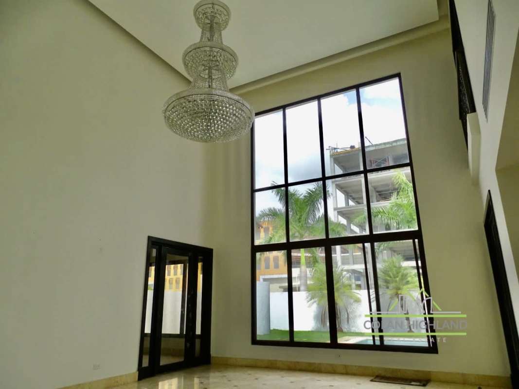 Luxury staircase with chandelier and marble floors in rental house Costa del Este Panama City