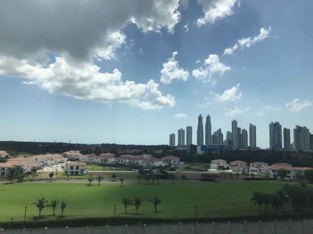 View of Santa Maria neighborhood with villas red roofs and towers in Panama City
