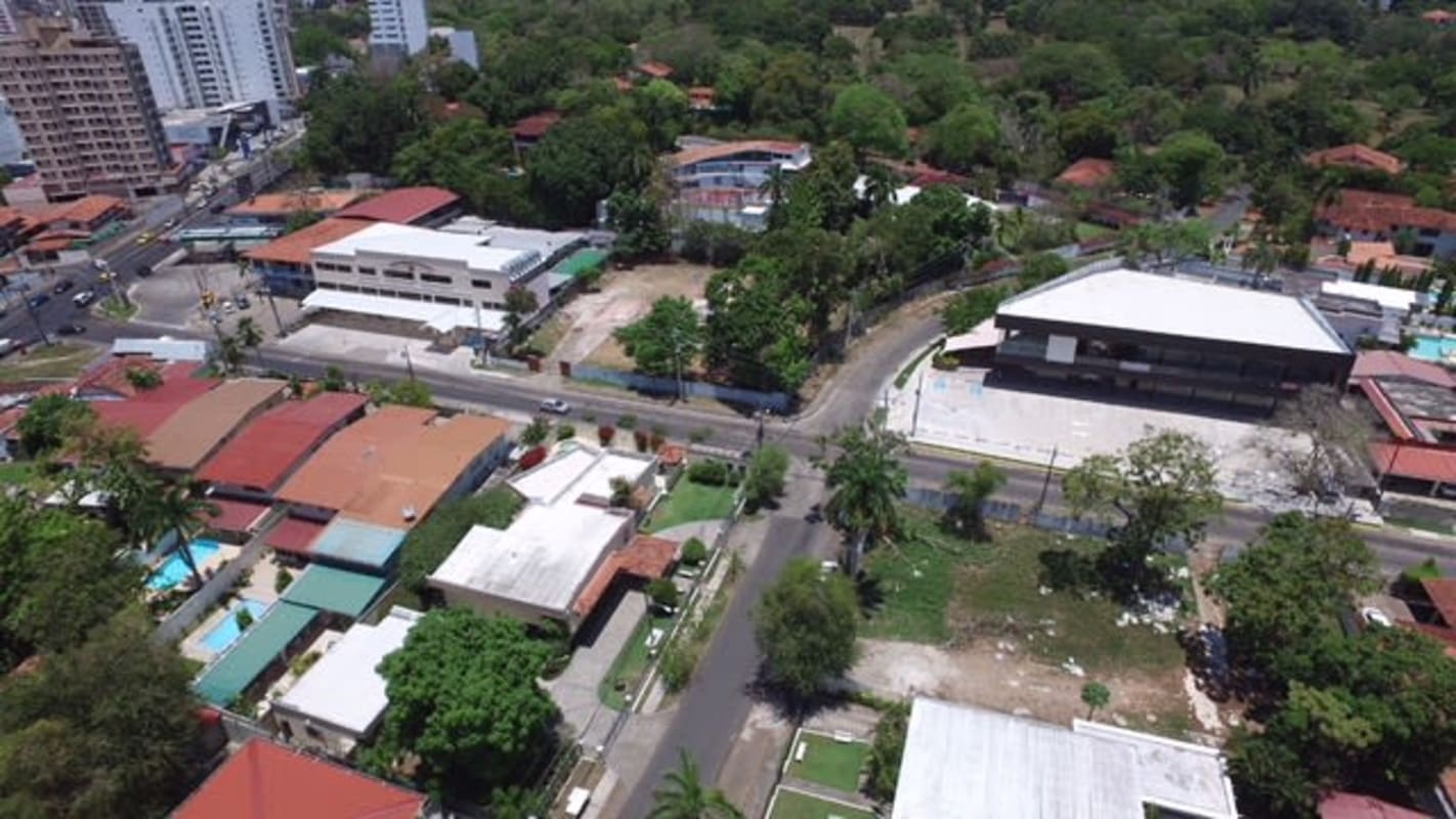 Aerial view of Altos del Golf neighborhood with Plaza Santa Elena commercial development Panama City