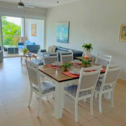 Drone view Punta Barco condos ocean pools lush landscape beachfront Panama