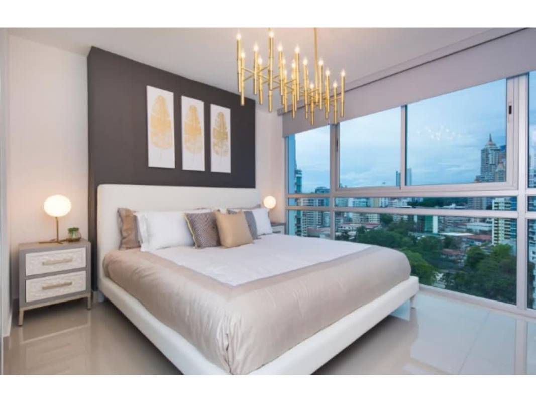 Bathroom with double vessel sinks, large mirror and modern fixtures in PH El Cangrejo Panama City