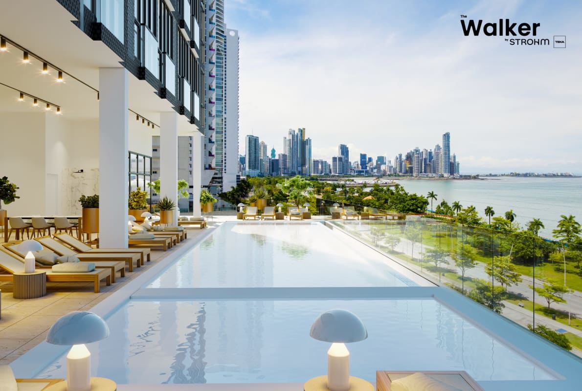 Rooftop pool with panoramic views of Panama City and waterfront at The Walker