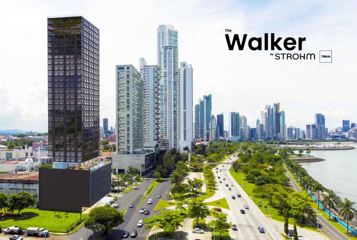 Skyline aerial showing The Walker tower on Avenida Balboa Panama City coastal front