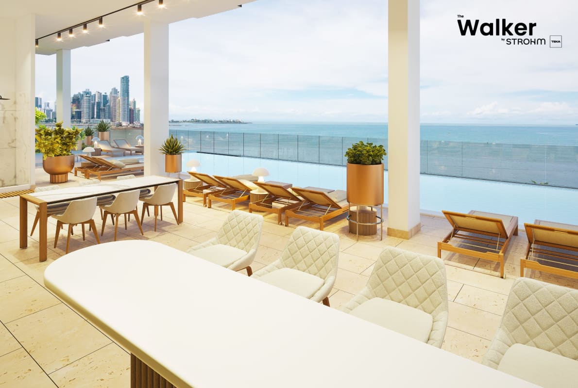 Luxury lounge terrace with infinity pool and skyline ocean view The Walker Panama