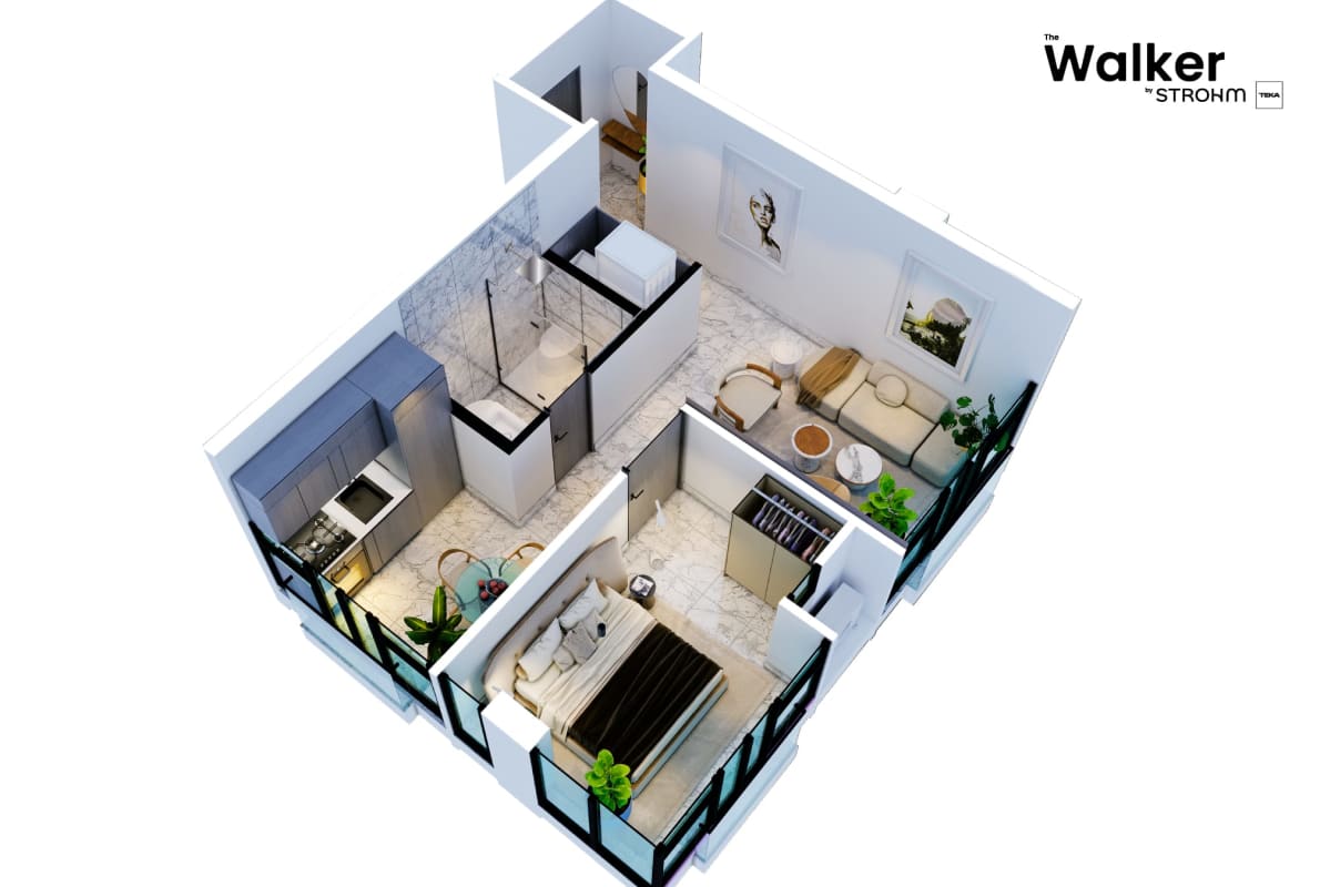 3D floor plan of compact modern studio apartment at The Walker Panama City