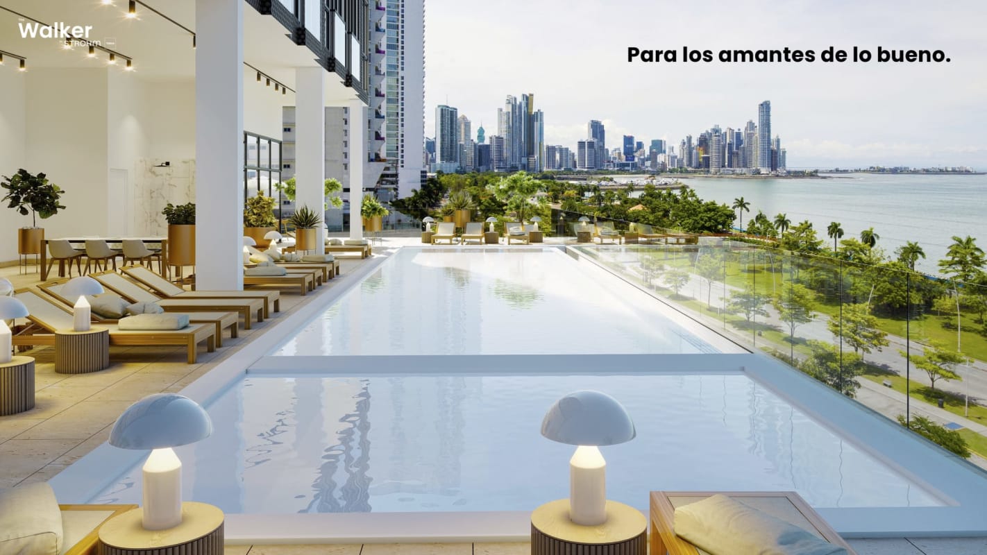 Rooftop infinity pool with skyline and Pacific Ocean view at The Walker Panama City