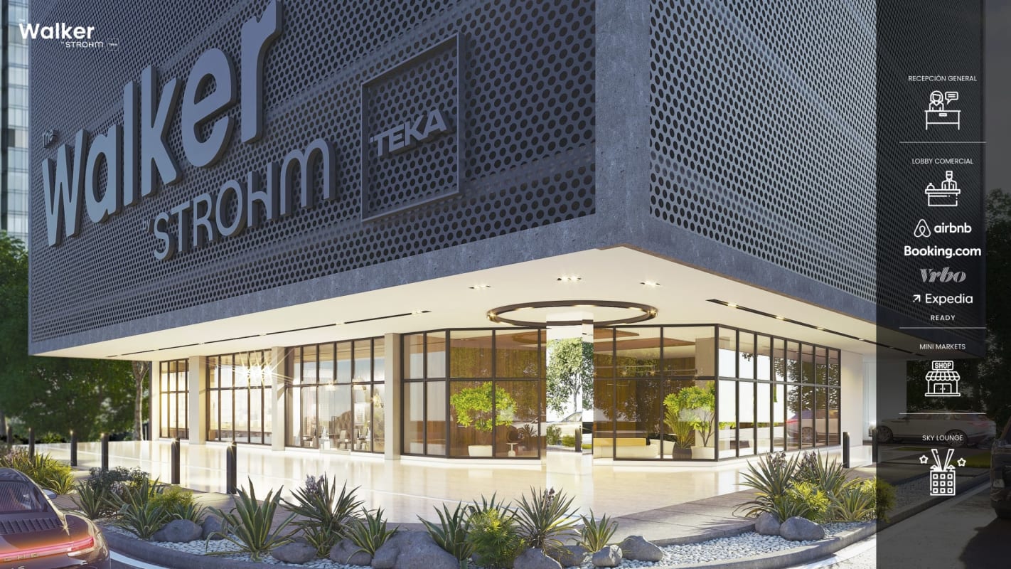 Main entrance with perforated facade design of PH The Walker Avenida Balboa Panama