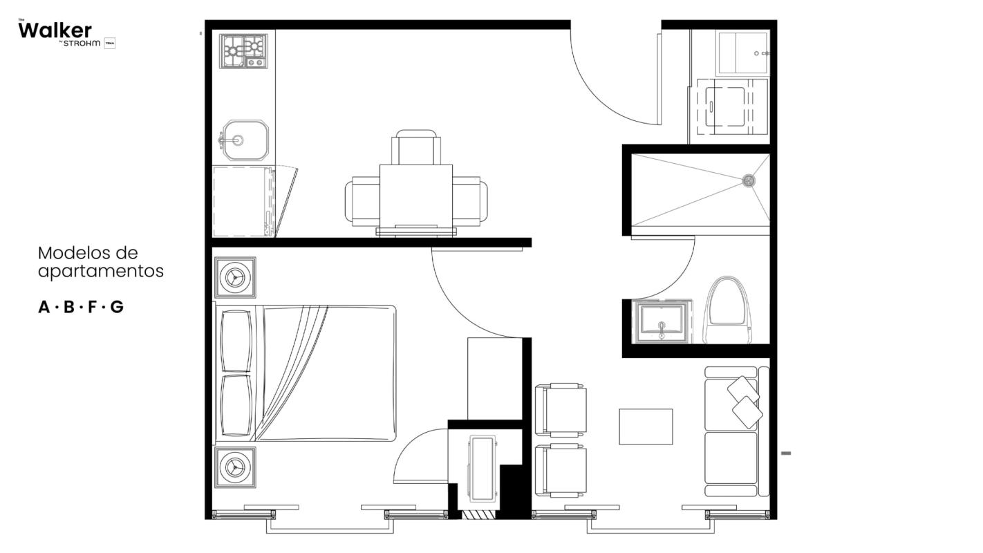 Studio apartment floor plan open living kitchen bedroom bathroom at PH The Walker Panama
